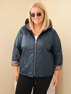 Dámská bunda Plus Size s kapucí a leopardím lemováním modrá