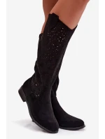 Dámské perforované kozačky na nízkém podpatku S.Barski HY61-8023 Černé