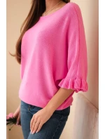 Dámský svetr typu netopýr s kulatým výstřihem růžový