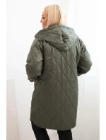 Dámská zimní prošívaná bunda Plus Size s podšívkou v leopardím vzoru a kapucí khaki