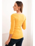 Dámská pruhovaná blůza s rukávem 3/4 a ozdobnou nášivkou hořčicová Dámská pruhovaná blůza s rukávem 3/4 a ozdobnou nášivkou hořčicová