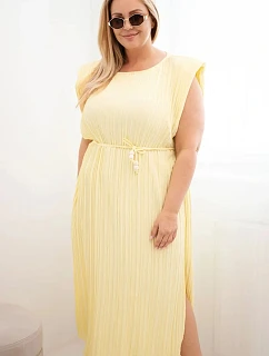 Dámské šaty Plus Size z viskózy, plisované s vázáním žlutá