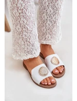 Kožené Pantofle S Dekorací Na Plochém Podpatku Bílé Zazoo 3047/O