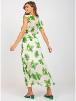 Dlouhé, béžové a zelené šaty s potisky a páskem