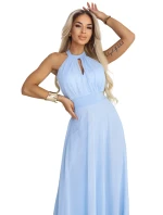 662-1 Elegantní maxi večerní šaty na ramínka s tylem a zavazováním v pase - modré