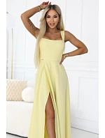 633-3 AURELIA dlouhé svatební šaty s rozparkem a výstřihem typu caro - máslově žluté s třpytkami