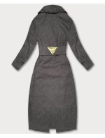 Hnědý pruhovaný dlouhý dámský kabát s páskem S'West (B8542-14)