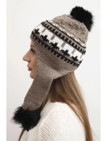 Dámská zimní vlnená čepice s ušnicemi a bambulkami K436 mocca Dámská zimní vlnená čepice s ušnicemi a bambulkami K436 mocca