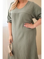 Dámské šaty plus size z bavlněného mušelínu s výstřihem do V khaki
