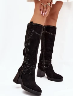 Zateplené Dámské Kozačky Na Podpatku S Prošíváním Černé Alessara