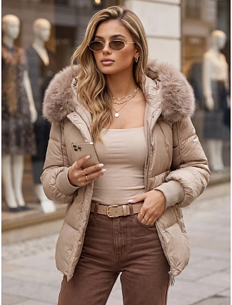 Dámská zimní prošívaná bunda s kapucí, béžová, FashionStreet TY6005