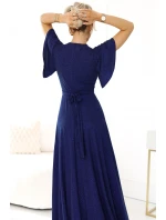 581-5 JENNIFER třpytivé dlouhé šaty s rukávy a výstřihem - GRANITOVÁ S BROKEREM