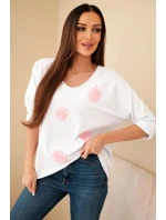 Dámská bavlněná blůza s vyšívanými květinami a V výstřihem bílý+růžový