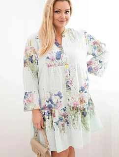 Dámské bavlněné šaty Plus Size s výstřihem do V a knoflíky, květinový vzor mátové
