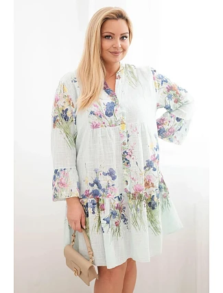 Dámské bavlněné šaty Plus Size s výstřihem do V a knoflíky, květinový vzor mátové