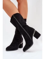 Dámské perforované kozačky do poloviny lýtka ve stylu kovbojek S.Barski – černé, eko kůže