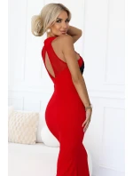617-3 Dlouhé šaty ve tvaru mořské panny s černou krajkou a síťovinou - ČERVENÉ 617-3 Dlouhé šaty ve tvaru mořské panny s černou krajkou a síťovinou - ČERVENÉ