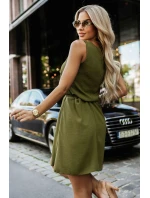 296-14 VICTORIA Trapézové šaty bez rukávů se zavazováním v pase - khaki barva