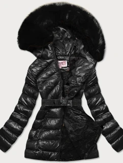 Černá lesklá zimní bunda s mechovitou kožešinovou podšívkou (w674)