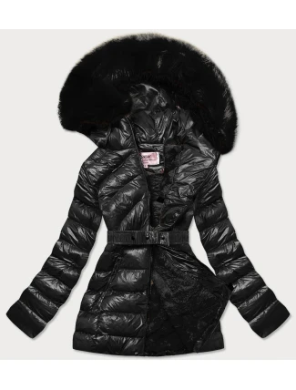 Černá lesklá zimní bunda s mechovitou kožešinovou podšívkou (w674) Černá lesklá zimní bunda s mechovitou kožešinovou podšívkou (w674)