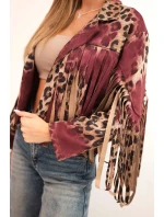 Dámská semišová bunda s třásněmi v leopardím vzoru bordová