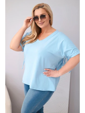 Dámská bavlněná halenka Plus Size s výstřihem do V a třásněmi na zádech modrá