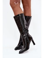 Zdobené Lakované Kozačky Dámské Na Podpatku D&A MR880-055 Černé