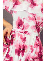 Dlouhé šaty s volánem Numoco - bílé s růžovými květy