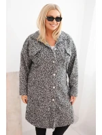Dámský kabát Plus Size s vlnou zapínaný na knoflíky s kapsami a límcem grafitový melír