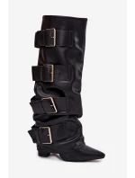 Dámské kozačky na podpatku s otočeným horním lemem a zlatými sponami Černé Isavelle