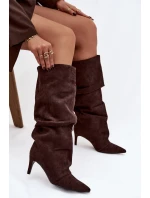 Dámské zateplené kozačky na jehlovém podpatku Mavella – čokoládové, eko semiš