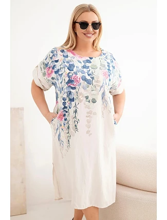 Dámské viskózové šaty plus size s krátkým rukávem a rozparky po stranách béžová