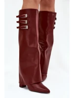 Dámské Kozačky Na Podpatku Otočený Svršek Pásky S Přezkami Bordové Nirisa