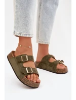 Dámské pantofle na korkové platformě se zlatými sponami Zelená Tovessa