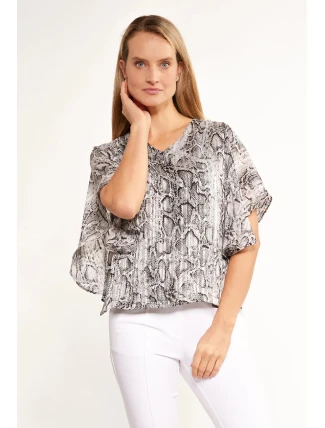 Dámská halenka s volánem na rukávech BLU2020-M19 šedá se vzorem - Monnari Dámská halenka s volánem na rukávech BLU2020-M19 šedá se vzorem - Monnari