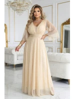 654-2 Dlouhé třpytivé plus size šaty s výstřihem a průhlednými rukávy - šampaňsko-béžové