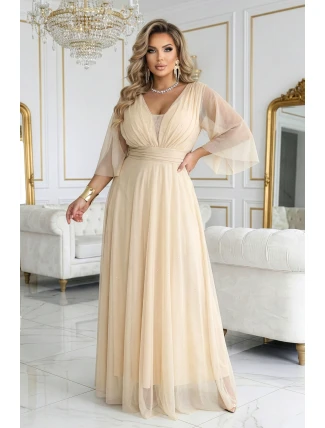 654-2 Dlouhé třpytivé plus size šaty s výstřihem a průhlednými rukávy - šampaňsko-béžové