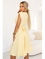 348-13 SCARLETT rozšířené midi šaty s obálkovým výstřihem a páskem - máslově žluté