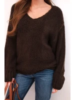 Dámský svetr s podílem vlny a výstřihem do V hnědý