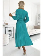 504-6 VIVIANA Plisované midi šaty se srdíčkovým výstřihem, dlouhými rukávy a širokým páskem - barva MARINE