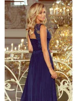 Dlouhé tmavě modré dámské šaty bez rukávů s vyšívaným výstřihem model 6369438