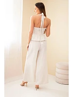 Dámská viskózová souprava s vázaným topem a kalhotami se širokými nohavicemi béžový Dámská viskózová souprava s vázaným topem a kalhotami se širokými nohavicemi béžový