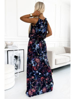 Dlouhé dámské plážové šaty se zavazováním za krkem, s rozparkem a se vzorem tmavě fialových květů 191-7