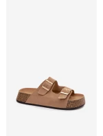 Dámské pantofle na korkové platformě se zlatými sponami tmavě béžové Tovessa