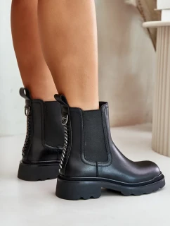 Kožené Kotníkové Boty Chelsea S Ozdobným Řetězem Zateplené D&A Černé