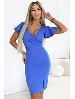 479-12 NINA elegantní šaty s obálkovým výstřihem, rukávy a páskem - královská modř