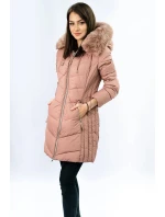 Dlouhá dámská prošívaná zimní bunda ve starorůžové barvě (7689)