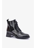 Kožené lakované kotníkové boty na podpatku zateplené D&A JC42-53 černé