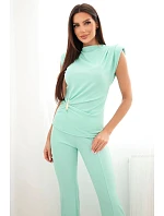 Dámský komplet s nařasenou halenkou a širokými kalhotami mentolový