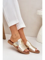 Elegantní Pantofle Z Přírodní Kůže Na Plochém Podpatku Zazoo 40423 Zlaté